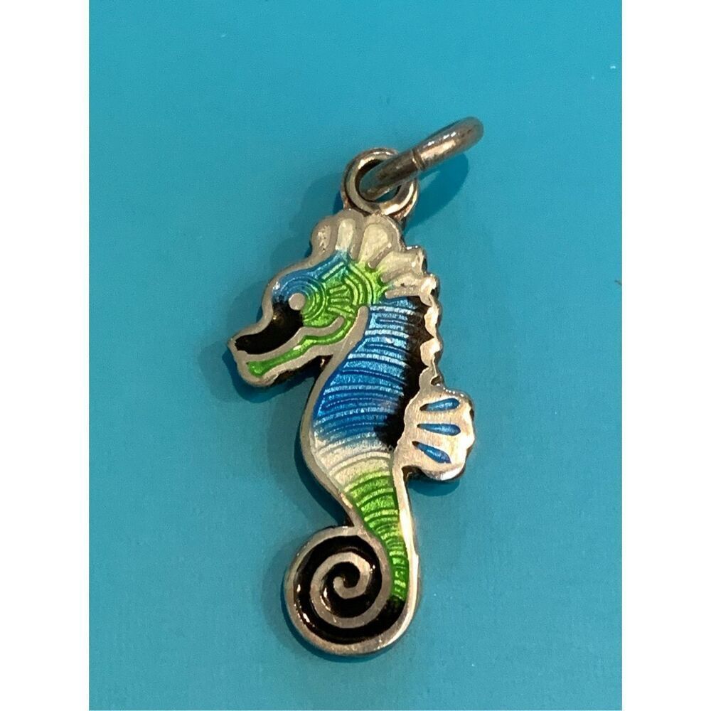 .980 Blue Seahorse Sterling Silver Jewelry Charm #beach #vintage